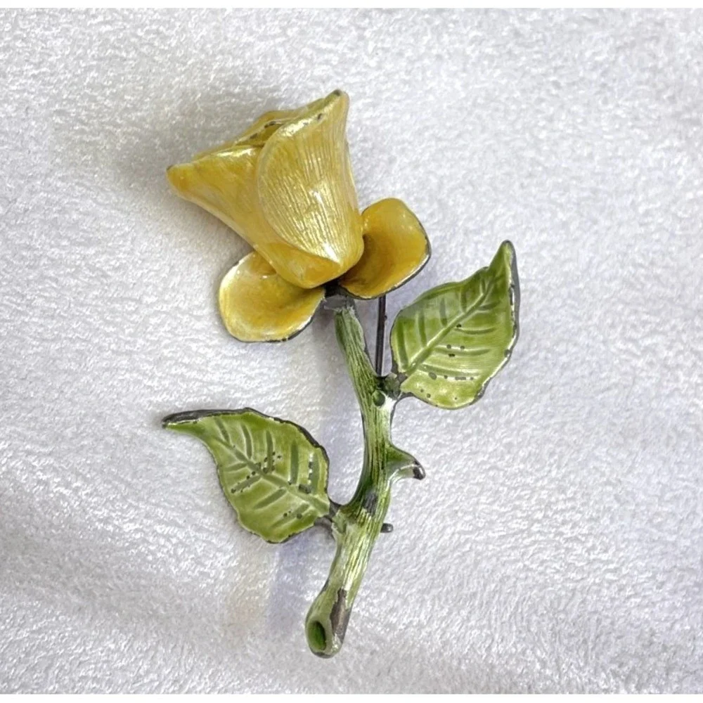 Vintage Signed KC Kenneth Cole Yellow Enamel Rose Brooch Pin Leaf Stem 80s